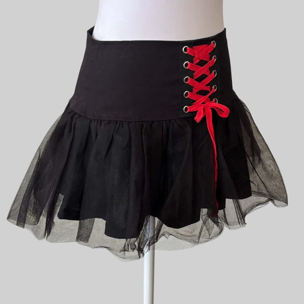 Dolls Kill Widow Black Lace Up Tulle Mini Skirt Small - Picture 2 of 8